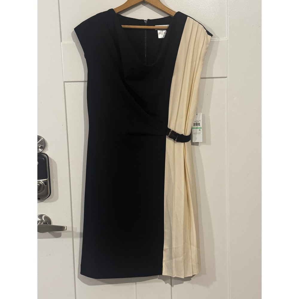 DKNY Womens Black Cream Pleated Side Buckle Cowl Neck Sheath Dress 8 DD4K1D66